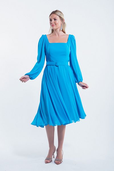 Lafaba Turquoise Midi Chiffon Evening Dress - Square Collar and Belt Dress