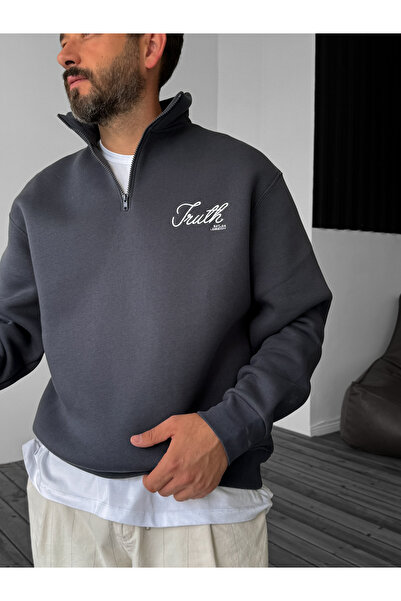 BYBASICMAN Anthracite Truth Embroidered Half Zipper Sweat Lb-1006