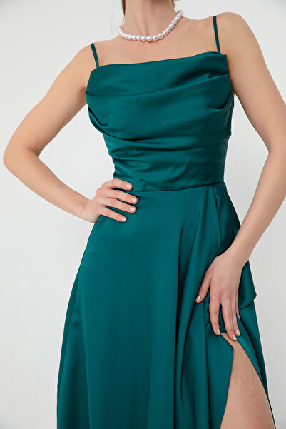 Lafaba Γυναικείο βραδινό φόρεμα από σατέν με πράσινο σχισμή Flounce & Graduation φόρεμα