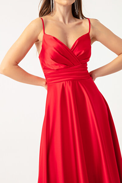 Lafaba Kadın Kırmızı Ip Askılı Bel Kemerli Saten Midi Abiye & Mezuniyet Elbisesi