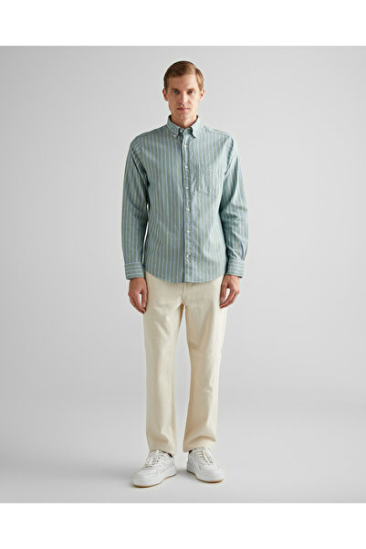 Gant Erkek Yeşil Regular Fit Düğmeli Yaka Çizgili Oxford Gömlek