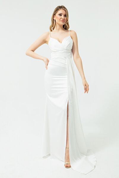 Lafaba Γυναικείο βραδινό φόρεμα μακρύ σατέν με λευκό λουράκι & φόρεμα αποφοίτησης