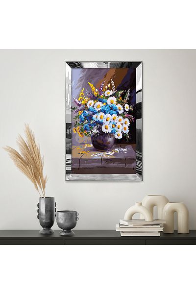 Zevahir Mobilya Dekorasyon Masa MDF simpla cu flori de margarete in vaza cu rama din plexiglas cu oglinda argintie