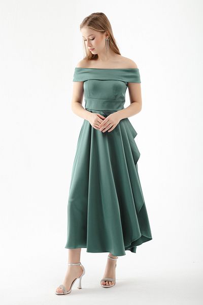 OFZE Turquoise Boat Neck Midi Satin Women's Evening Dress
