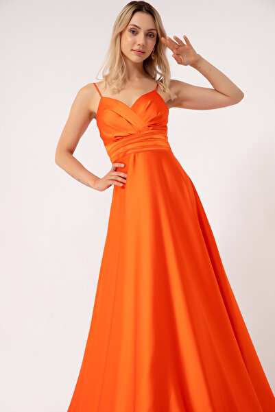 Lafaba Women's Orange Rope Strap Waist Belted Satin Long Evening Dress & Graduation Dress