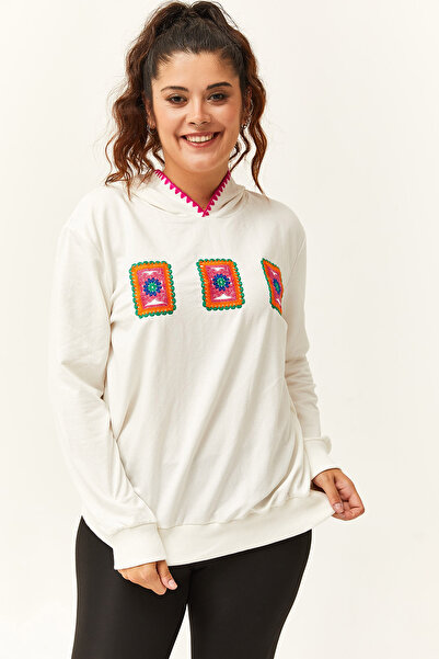 Ebsumu Women's Large Size Colorful Rectangular Embroidered Hooded White Sweatshirt