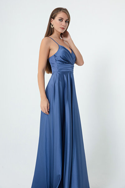 Lafaba Női indigó kötélpántos derék, szatén hosszú estélyi ruha és ballagási ruha