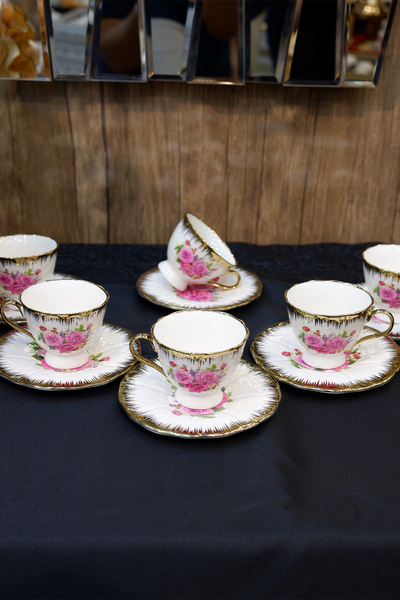 TURAB Altın Yaldızlı Gül Desenli 6 Kişilik Porselen Kahve Fincanı