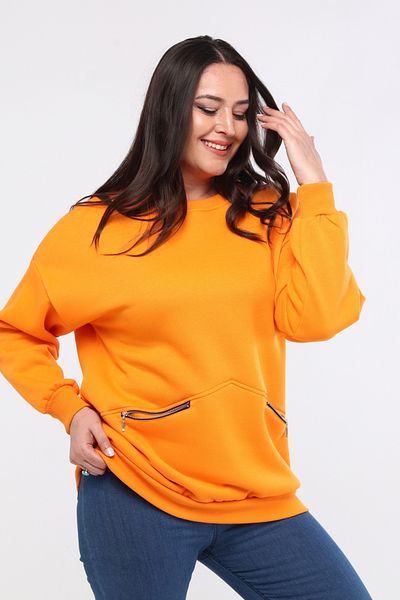 Ebsumu Large Size Zippered Orange Sweatshirt - Basic Model with Pocket Detail