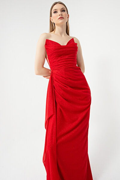 Lafaba Női piros mellkas, szaggatott ezüstös estélyi ruha