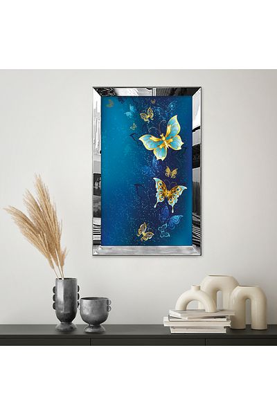 Zevahir Mobilya Dekorasyon Masa MDF cu un singur cadru din plexiglas cu oglinda argintie Fluturi colorati