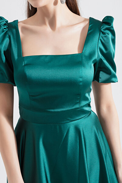 Lafaba Γυναικείο Μίντι Βραδινό Φόρεμα με μπαλόνι γιακά τετράγωνο πράσινο σμαραγδί