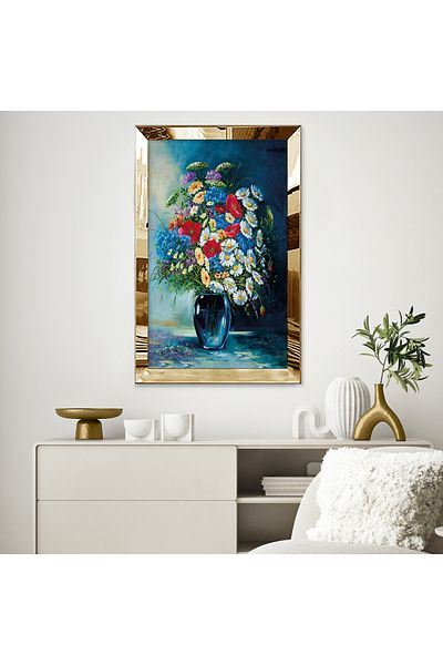 Zevahir Mobilya Dekorasyon Gold Mirrored Plexiglass Framed Daisies Wild Flowers Βάζο Μονό MDF Μονό Τραπέζι MDF
