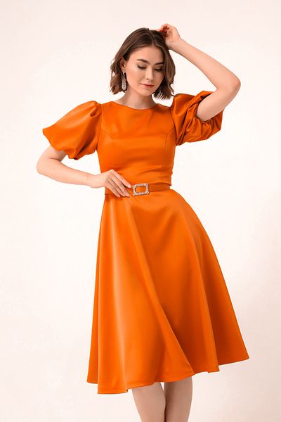 OFZE Women's Orange Balloon Sleeve Jewelled Belted Mini Satin Evening Dress