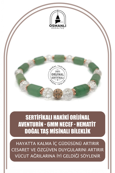 OSMANLI DOĞAL TAŞ Sertifikalı Hakiki Orijinal Aventurin - 6mm Necef - Hematit...