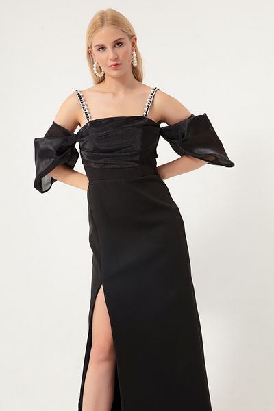 Lafaba Schwarzes langes Abendkleid aus Organza mit Prinzessinnenärmeln und Perlenriemen für Damen