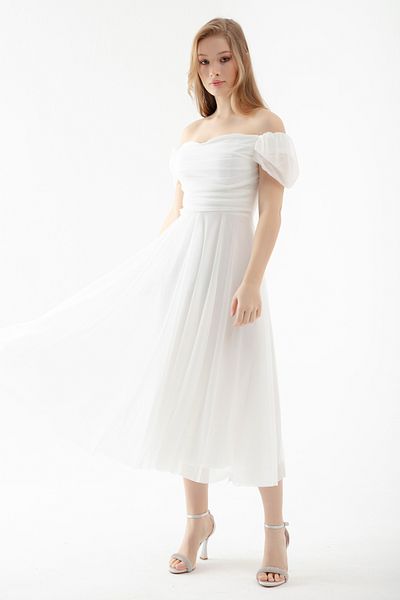 Lafaba Weißes, drapiertes Midi-Abendkleid mit U-Boot-Ausschnitt für Damen
