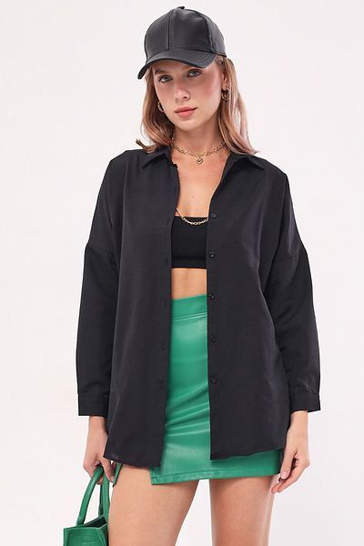 armonika Dámská černá oversize dlouhá základní košile ARM-22Y001118