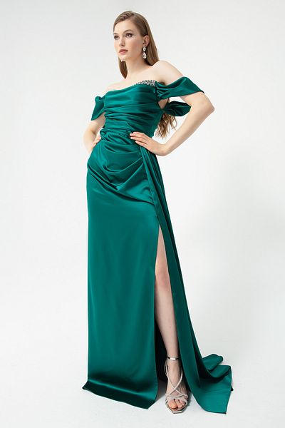 Lafaba Rochie de seară de damă, verde smarald, cu decolteu barcă, lungă din satin