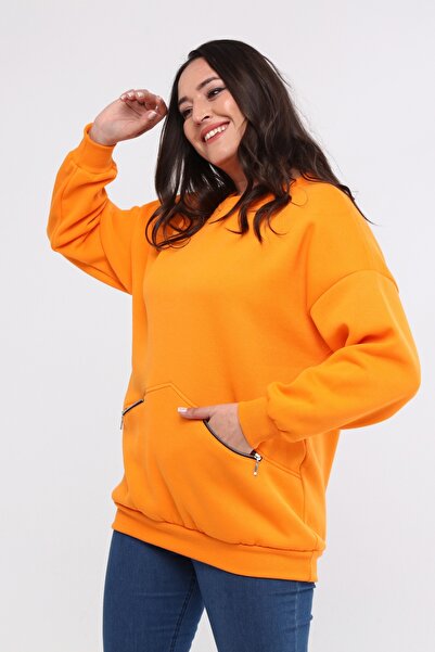 Ebsumu Large Size Zippered Orange Sweatshirt - Basic Model with Pocket Detail
