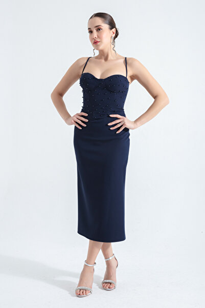 Lafaba Dámské večerní šaty s korzetovým korzetem v námořnické modré barvě Midi