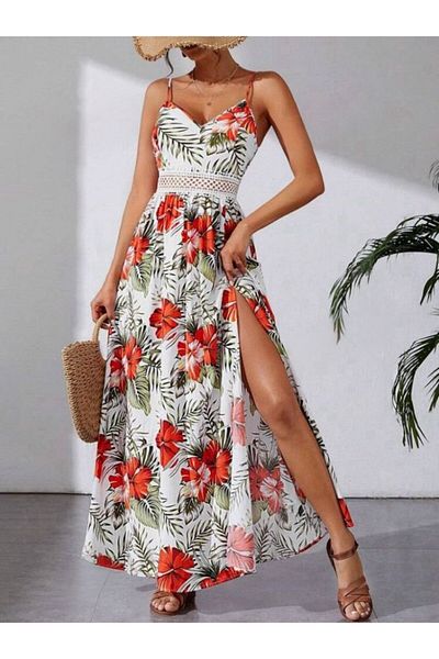 Moka Shopin Mokashopin Women's Rope Strap V-Neck Waist Guipure Flower Print Side Slit Maxi Single Jersey Dress