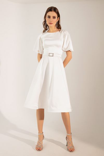 Lafaba Weißes Mini-Abendkleid aus Satin für Damen mit Ballonärmeln und Steingürtel