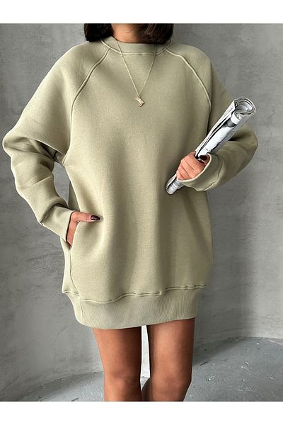 Cappmoda Swt-14271 Χακί Τσέπη Oversize Τρεις Κλωστές Basic Φούτερ