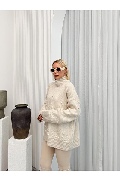 Olcay Oversize Turtleneck Sweater - Pearl Detailed, Beige 8240