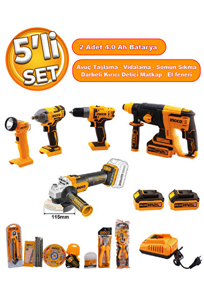 Ingco Kombo 5'li Set 20 V 4.0 Ah Batarya Avuç Taşlama Vidalama Darbeli Kırıcı Delici Matkap El Feneri