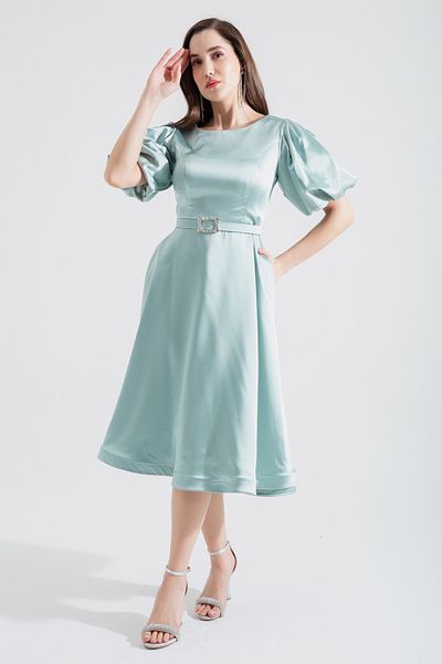 OFZE Women's Mint Green Balloon Sleeve Jewelled Belted Mini Satin Evening Dress