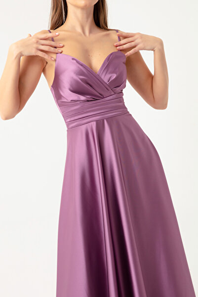 Lafaba Lavendelfarbenes Midi-Abendkleid und Abschlusskleid aus Satin mit Taillengürtel und Seilriemen für Damen