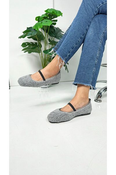 İmerShoes Gray Plush Ballerinas - Oval Toe, Low Heel, Serrated Sole Women's Shoes 369