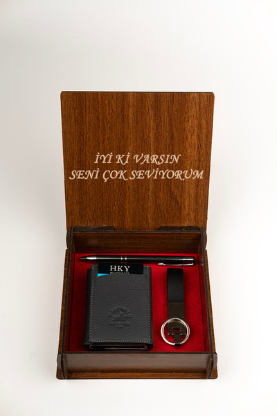 Westpolo Ahşap Kutulu Mekanizmalı Erkek Cüzdan Set Isme Özel Kalem Anahtarlık...