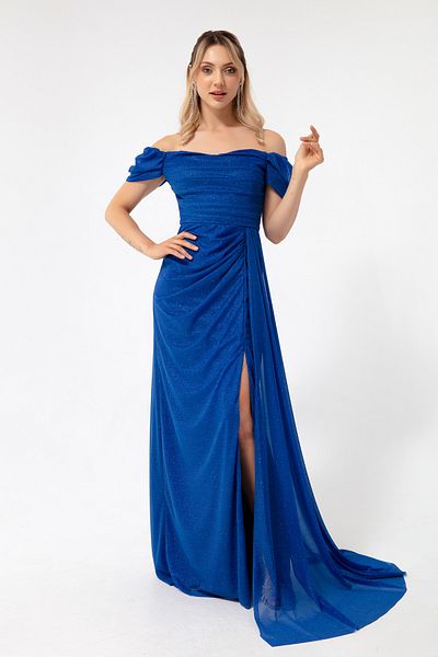 Lafaba Saks Damen-Abendkleid mit U-Boot-Ausschnitt, drapiertem Schlitz und langem Glitzer-Abendkleid