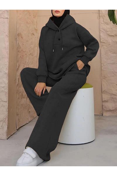 Machetta Women's Hooded Collar Buttoned 3 Thread Hijab Double Set