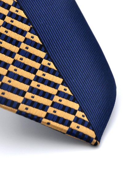 Gaffy Cravatte Beige and Navy Blue Panel Patterned Woven Fabric Slim Fit Tie // Kpk010