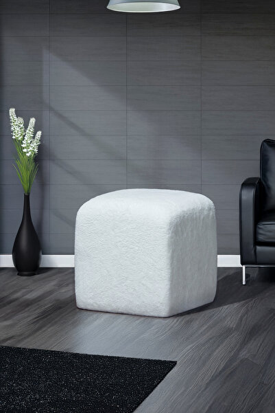 YAPKAR X Large Beyaz Tedy Kumaş Kare Dekoratif Berjer Puf Orta Sehpa