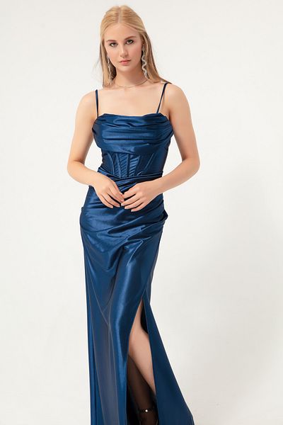 Lafaba Marineblaues, langes Abendkleid mit Bügelkorsett und detailliertem Schlitz für Damen