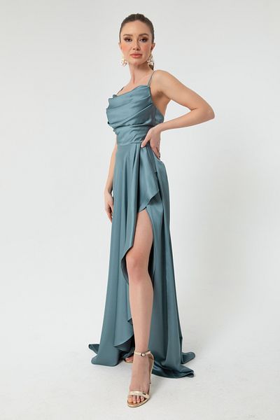 Lafaba Rochie de seară și rochie de absolvire din satin cu fante albastre pentru femei