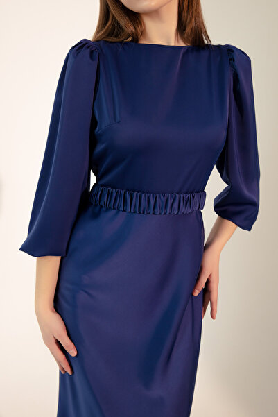 Lafaba Kadın Saks Uzun Balon Kollu Nişan Elbisesi