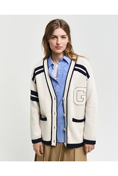 Gant Kadın Beyaz Oversize Fit Klasik Yaka Logolu Hırka