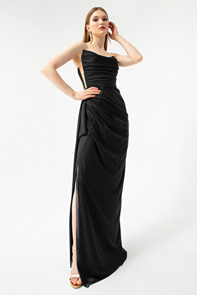 Lafaba Schwarzes, glitzerndes Abendkleid mit Schlitz und drapiertem Brustausschnitt für Damen