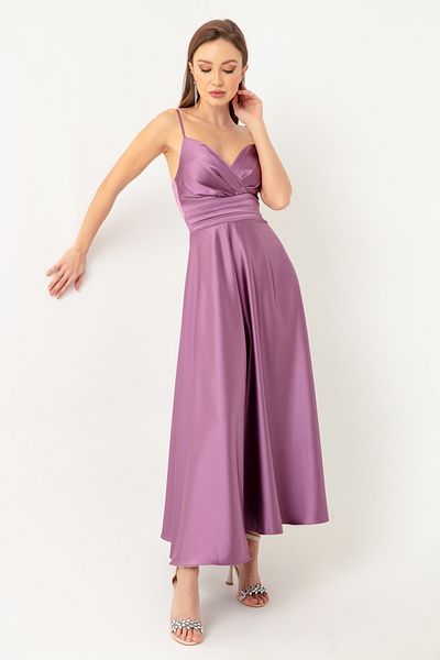 Lafaba Lavendelfarbenes Midi-Abendkleid und Abschlusskleid aus Satin mit Taillengürtel und Seilriemen für Damen