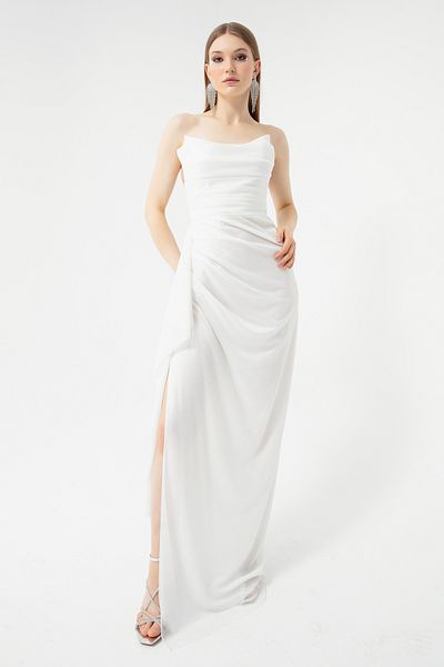 Lafaba Weißes, glitzerndes Abendkleid mit Schlitz und Drapierung an der Brust für Damen