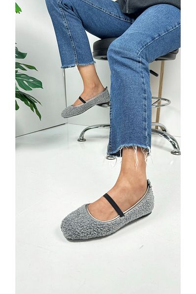 İmerShoes Gray Plush Ballerinas - Oval Toe, Low Heel, Serrated Sole Women's Shoes 369