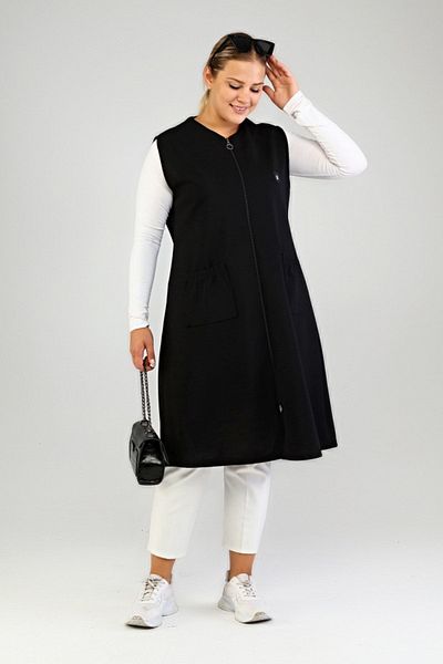 Ferace Women's Large Size Oversize Hijab Long Sleeveless Zippered Vest Black