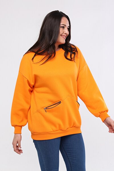 Ebsumu Large Size Zippered Orange Sweatshirt - Basic Model with Pocket Detail