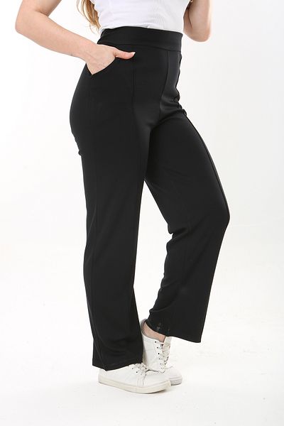 Şans Women's Large Size Black Ironing Pattern Grass Stitched Lycra Trousers with Side Pockets 65N37564