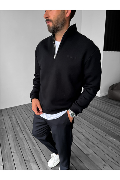 BYBASICMAN Hanorac negru brodat cu jumătate de fermoar PM-135